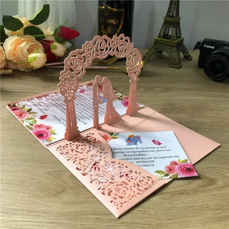 3D Bride and Groom Rose Gold Pop Up Wedding Invitations Laser Cut Greeting Cards Envelope Bridal Shower Invitation Cards Oasis Select