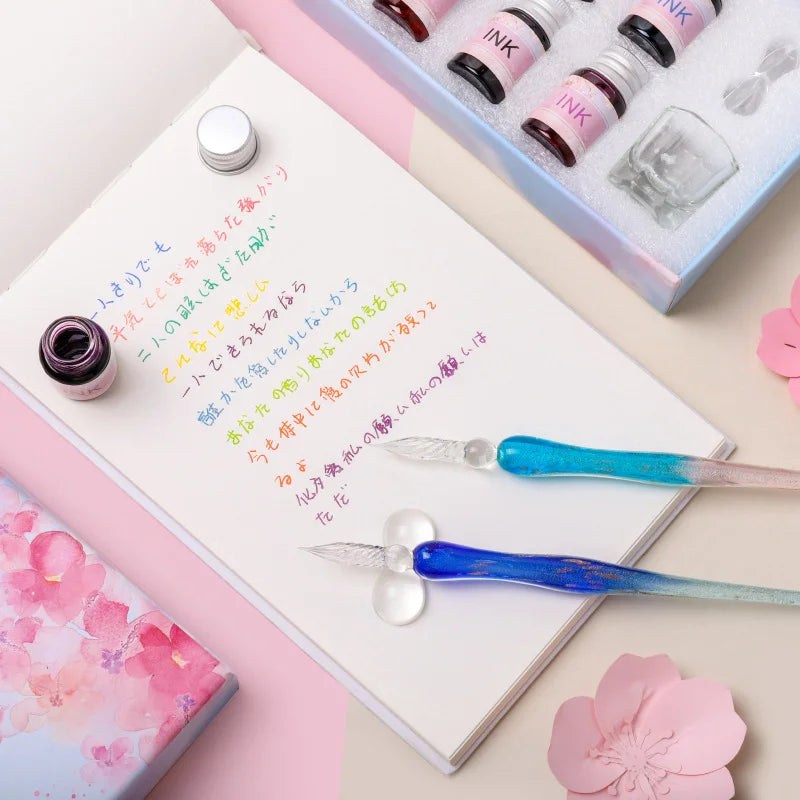 Romantic Sakura Glass Dip Pen Sakura Flower Series Multi piece Gift Box Gradient Color Set Oasis Select