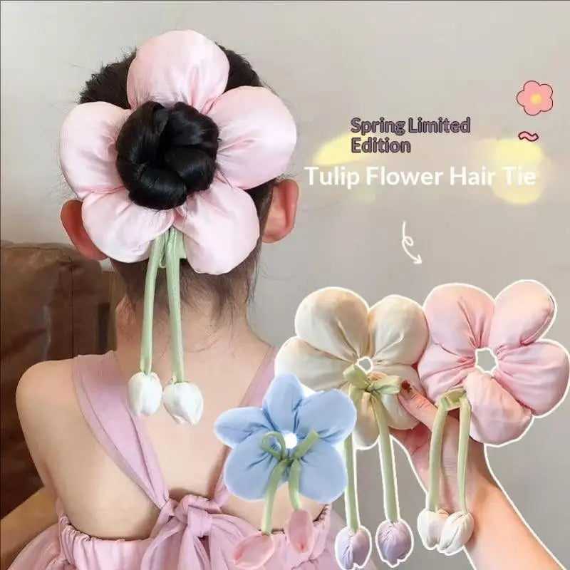 Cute Candy Color Flower Hair Tie Scrunchie Soft Fabric Elastic Ponytail Holder Lovely Hair Accessories For Girls Women Gift Oasis Select