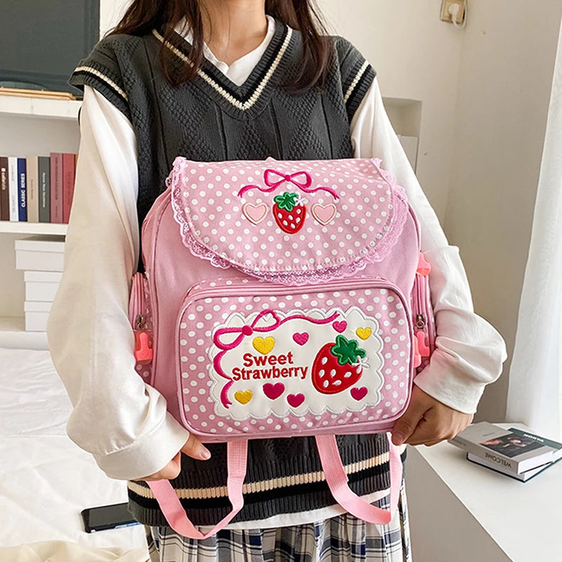 Pink Girl Embroidery Strawberry Children's Schoolbag Student Birthday Gift Cartoon Backpack Book Bags Christmas New Year Gift Oasis Select