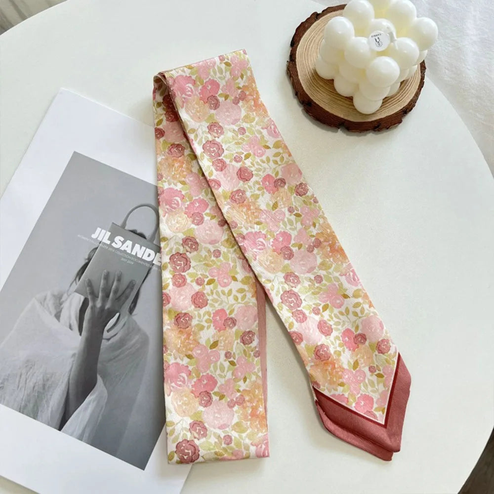 Summer Versatile Satin Silk Ribbon Scarf Fresh Floral Long Thin Bag Strap Narrow Fashion Accessory for Women Oasis Select 01