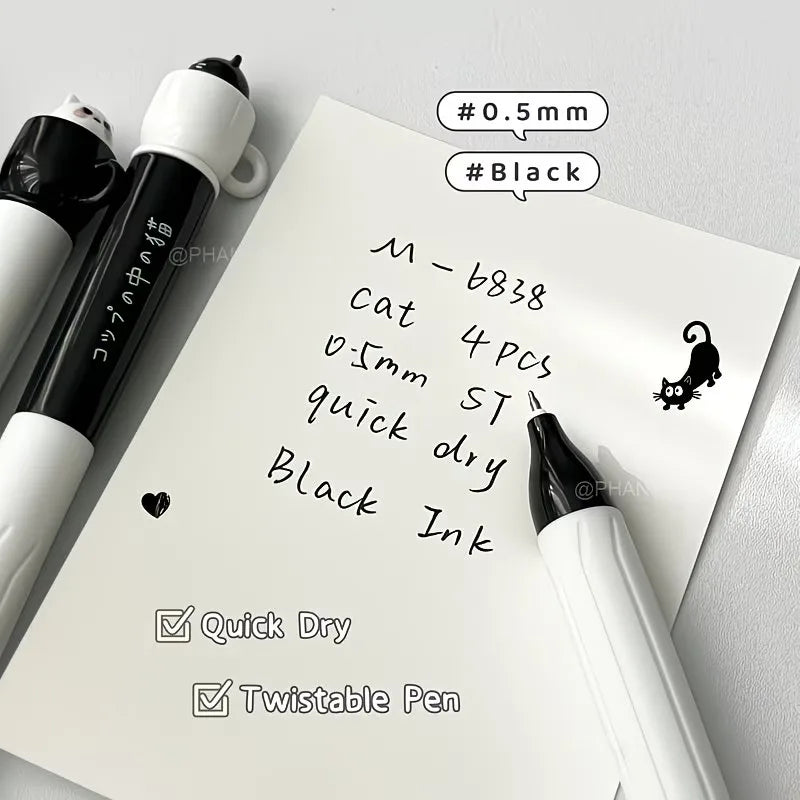 1/4pcs Cute cat-themed ballpoint pen - 0.5mm quick-drying black ink, twist-up design, ideal for office and school supplies. Oasis Select