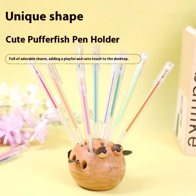 Pufferfish Solid Wood Children's Pen Holder Storage and Organization Desk Decoration Cartoon Cute Student Oasis Select