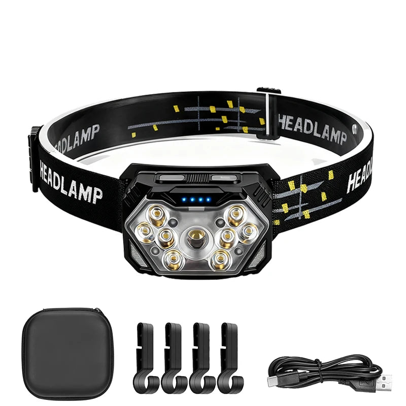 9 LED USB-C Rechargeable Headlamp | Motion Sensor & 6 Modes