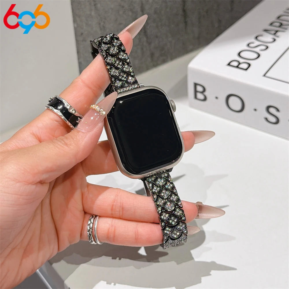Women's Band For IWatch Series 9 8 7 6 SE 5 4 Full-Diamond Fishscale Metal Strap For Iwatch Ultra 2 Band 45mm 42mm 40/38mm 44mm Oasis Select BK 38mm40mm41mm