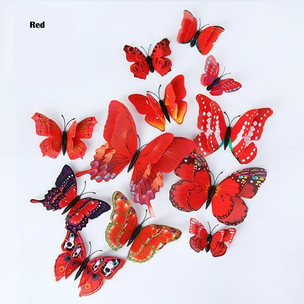 New 12/24pcs 3D Butterfly Wall Stickers Home Christmas Wedding Decoration Photography Props Magnetic Refrigerator Magnets Oasis Select 12Pcs red
