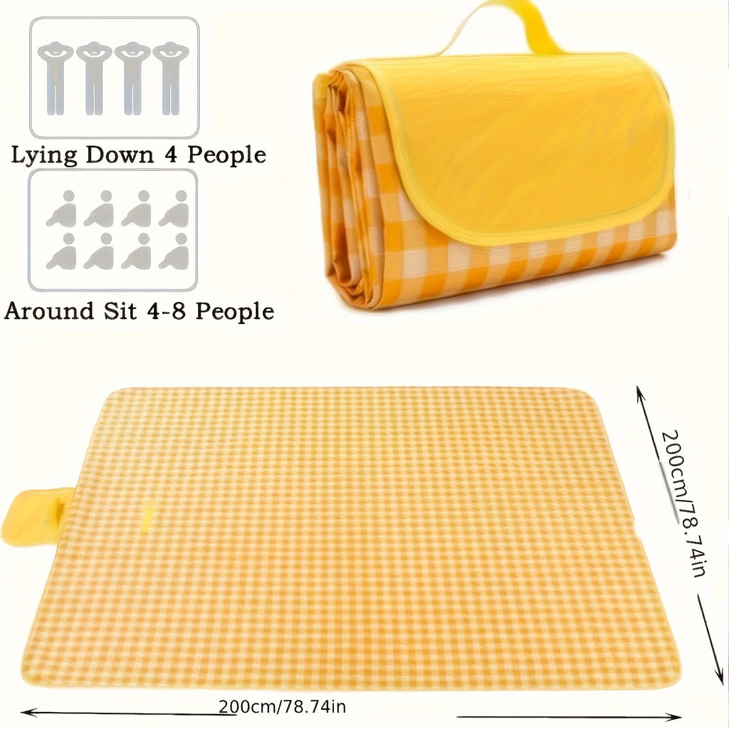 Sand Protection Picnic Blanket Yellow and White Checkered Design with Outdoor Picnic Mat Foldable Durable Non-Woven Fabric Oasis Select 200x200xm