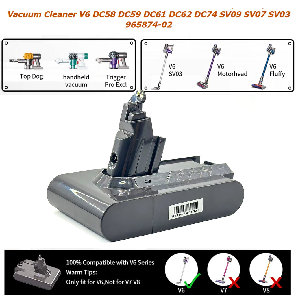 28000mAh For Dyson V6 Battery Rechargeable Lithium Battery For Dyson DC58 DC59 DC61 DC62 21.6V Battery Vacuum Cleaner Batteries Oasis Select