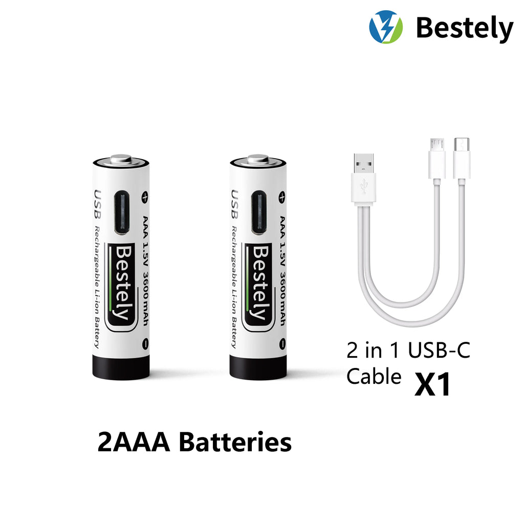 AAA Battery Rechargeable Li-Ion 1.5V 3600mAh 2000 Cycles USB-C Fast Charging Long-Lasting with free USB- C Cable Oasis Select 2 pcs Batteries
