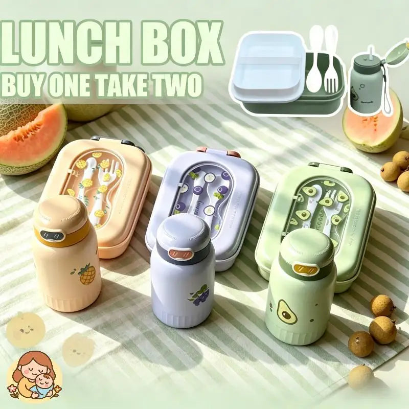 Kids Bento Lunch Box & Water Bottle Set | Fruit Design 2-in-1