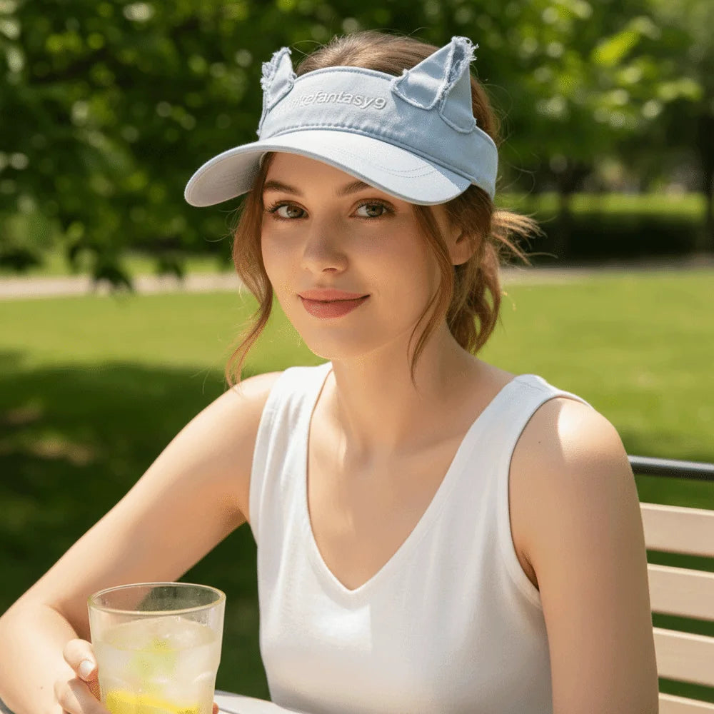 Fashion Lightweight Cat Ears Baseball Cap Cute Ear Solid Color Sun Visor Letter Embroidered Adjustable Sun Hat Summer Oasis Select