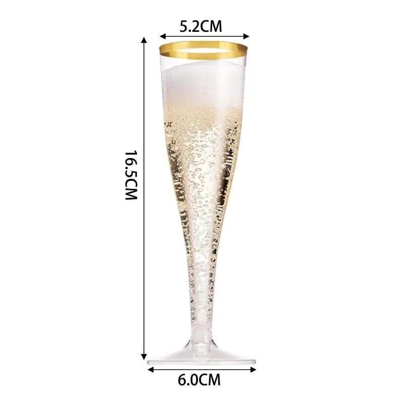 50Pcs Champagne Glasses Disposable Cocktail Cup Plastic Red Wine Cups Tall Glasses Gold Powder Martini Glasses Party Bar Oasis Select Gold edge