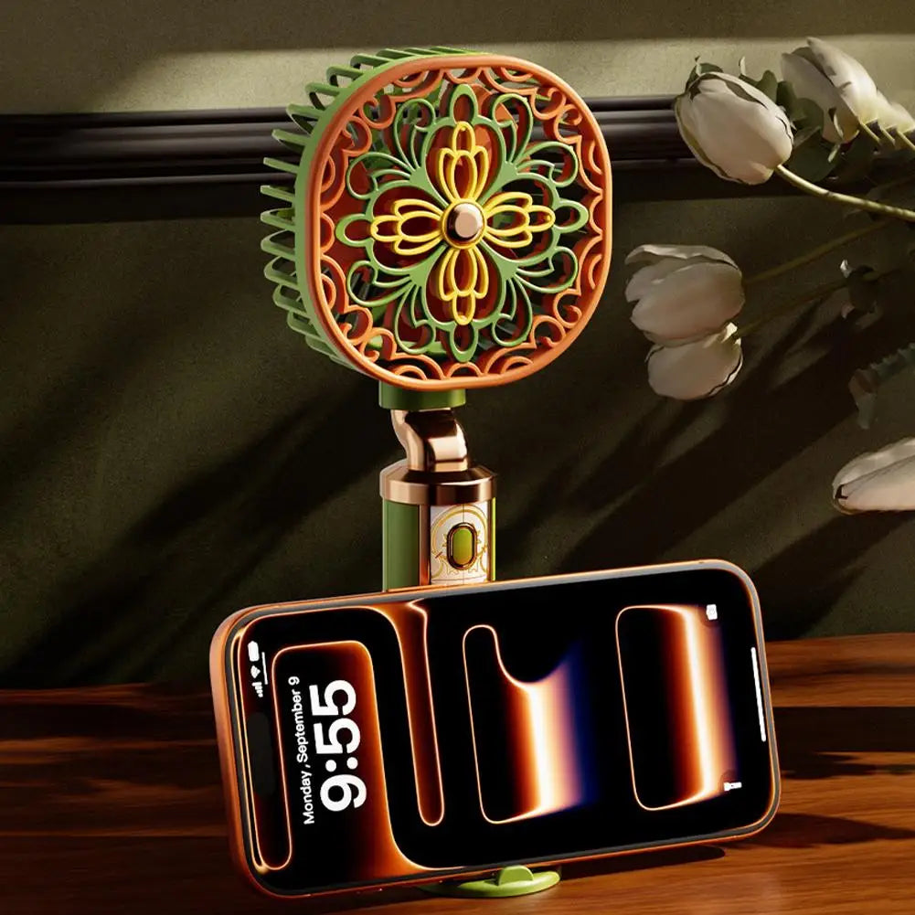 Vintage Handheld Fan Portable USB Rechargeable Mini Fan 3-Speed Desktop Fan with Phone Stand Cooling Summer Gadget Oasis Select