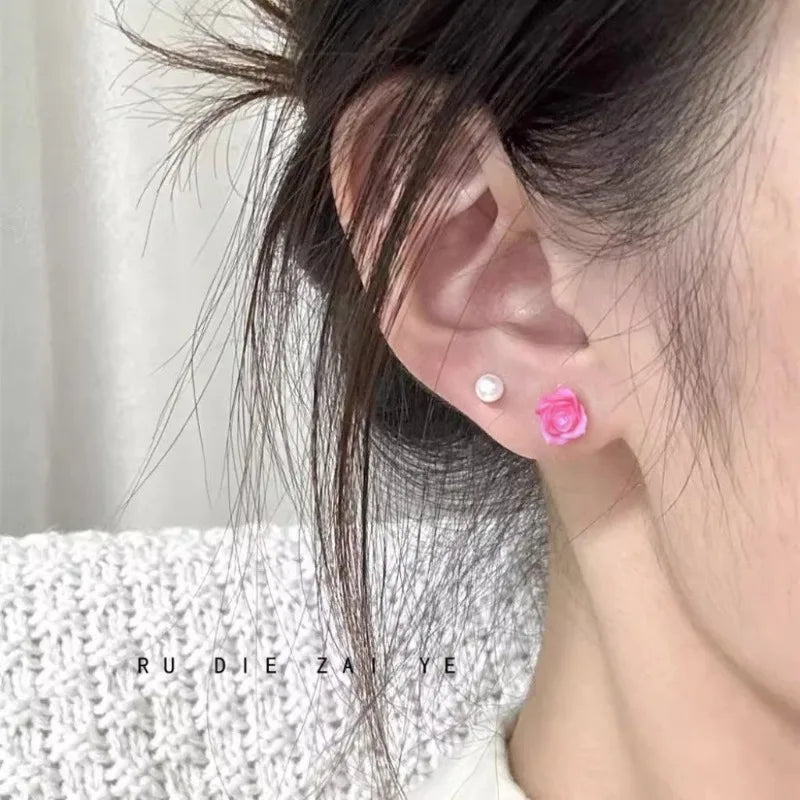 Pink Rose Flower Stud Earrings Cute Floral Jewelry for Daily Wear and Romantic Gift Ladies Exquisite and Sophisticated Sense Oasis Select