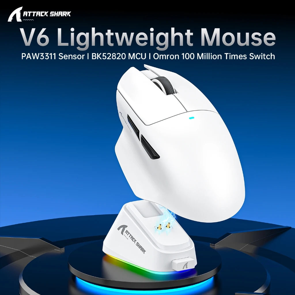 Attack Shark V6 Tri-Mode Gaming Mouse Wireless, 65g UltraLight, PAW3311 Sensor, RGB Magnetic Charging Dock,1000Hz 500mAh Battery Oasis Select