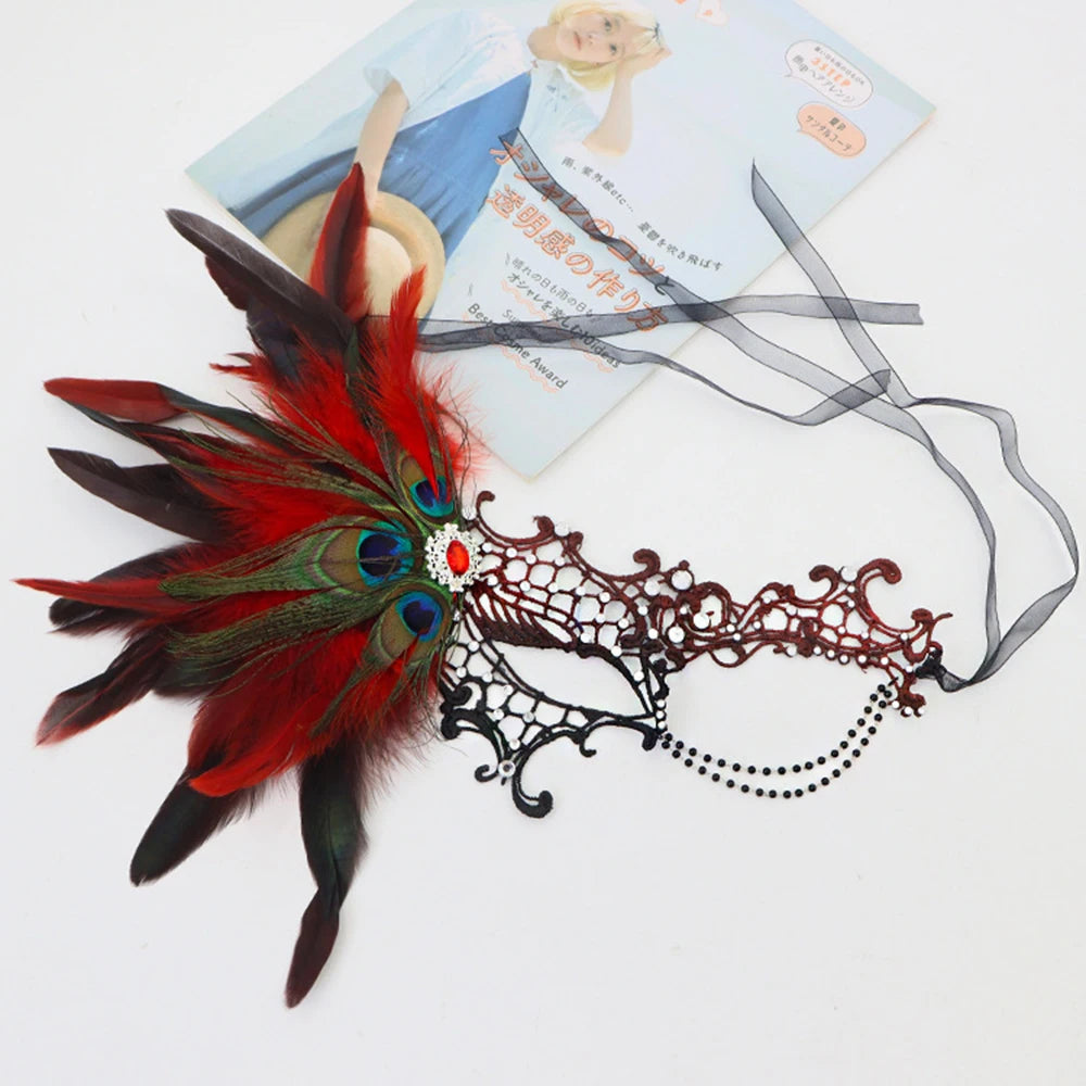 Feathers Design Half-Face Lace Mask Seductive Style Masquerade Feather Mask Fancy Prom Cosplay Masquerade Mask Oasis Select Black red