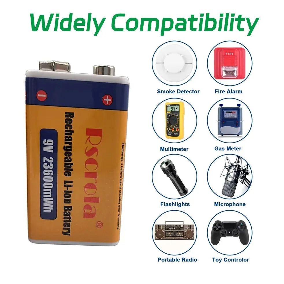 Rscrola 9V USB-C Rechargeable Battery 23600mWh Li-ion Constant Voltage for Guitar Pedal Smoke Detector Multimeter, Long Life Wit Oasis Select