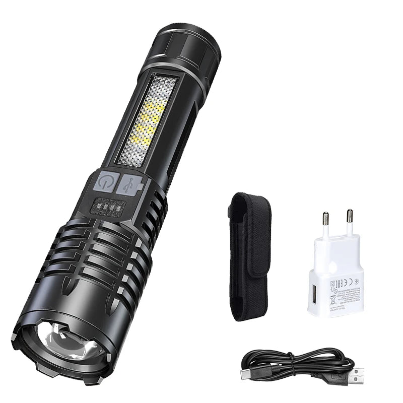 Ultra Bright LED Flashlight 2000LM Type-C Rechargeable Long Range Zoom Tactical Torch Outdoor Emergency Camping Fishing Lantern Oasis Select Set B ZOOM
