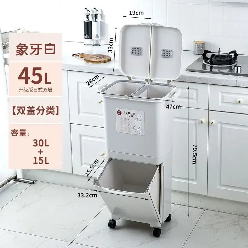 Japanese-style sorting trash can Double bucket Household large kitchen with lid Foot pedal Dry and wet plastic separation bucket Oasis Select 45L double