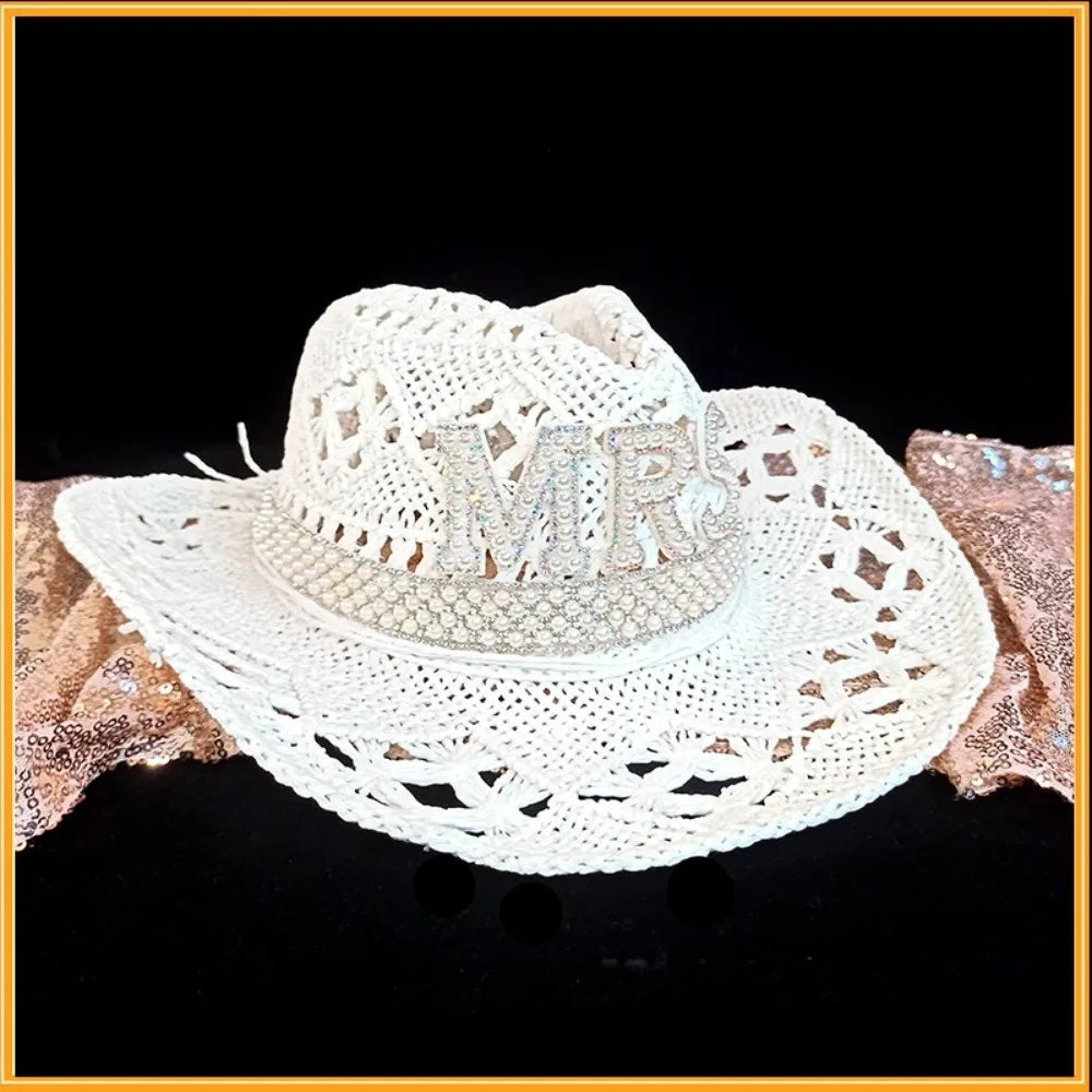 Rhinestone Letter Bride Groom Cowboy Hat Hollow Wide Brim Cowgirl Hat Crochet Western Cowboy Hat For Wedding Bachelorette Party Oasis Select MRS