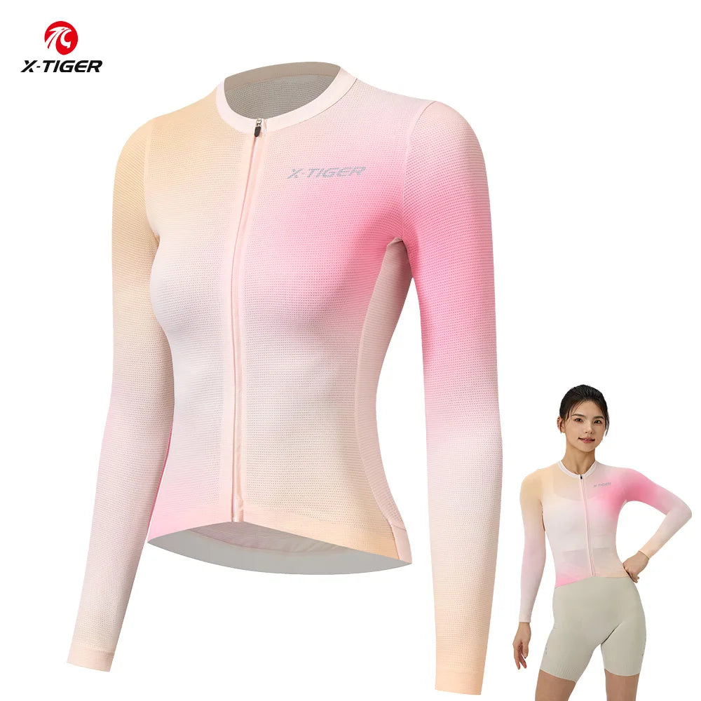 X-TIGER Women's Cycling Jersey Soft Breathable Quick-Drying Long Sleeve Three Pocket Bicycle Clothing SPF 50+ Cycling Top Oasis Select