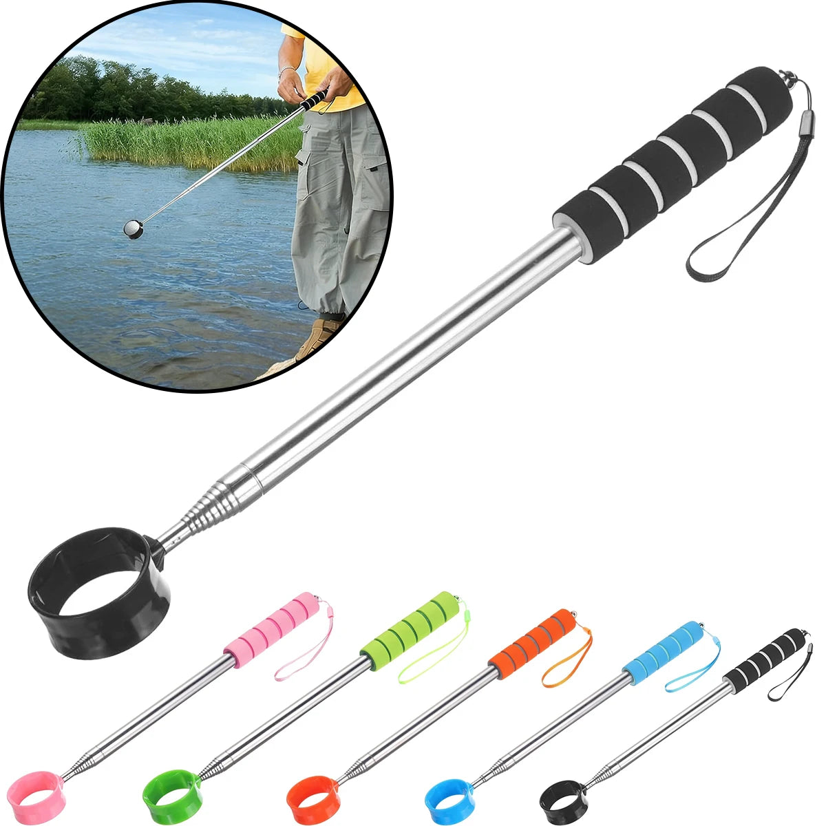 Telescopic Golf Ball Retriever Extendable Aluminum Shaft Lightweight Grabber Lanyard Pond Lake Water Hazard Golf Accessories Oasis Select