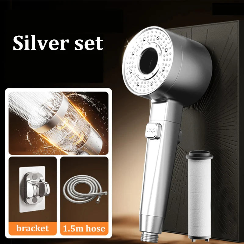 Filtered Super-pressurized Shower Head Five-speed Handheld Hollow Large Water Outlet Bathroom Shower Head Set Oasis Select Silver Set