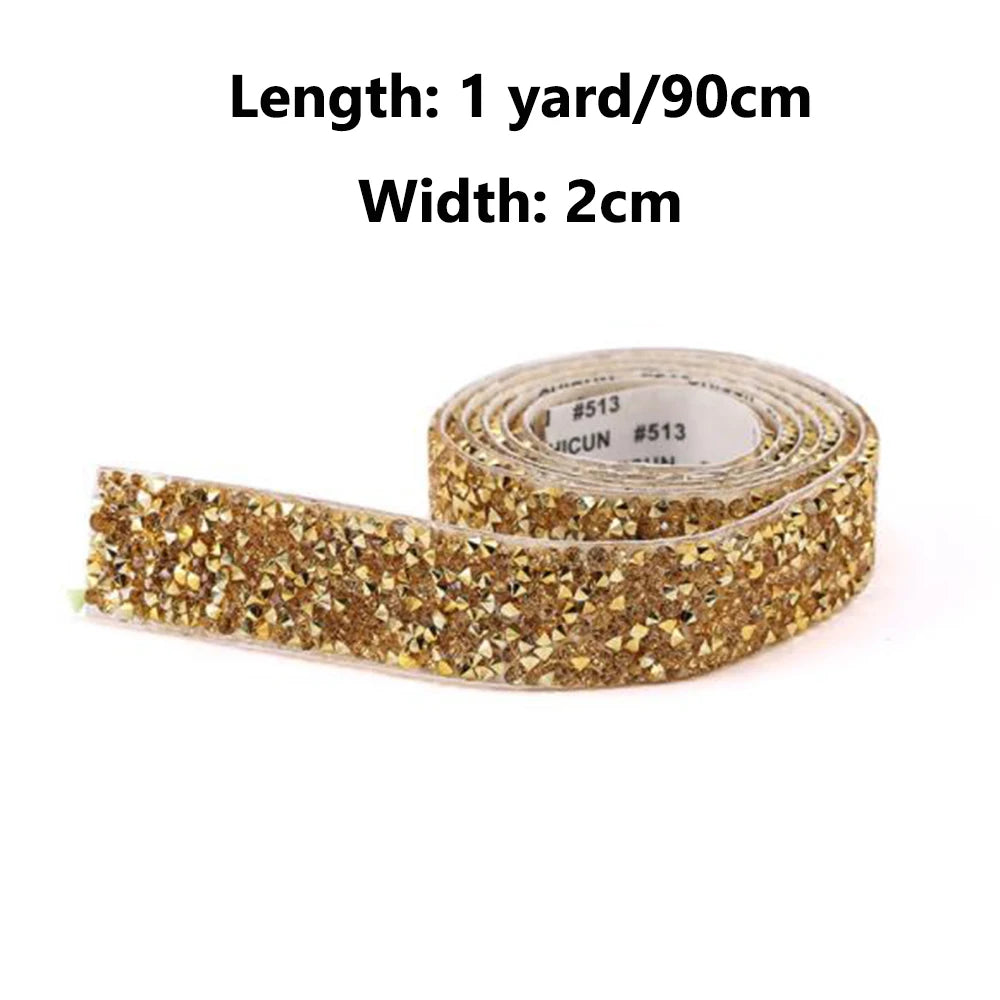 1 Yard Self-Adhesive Gold Crystal Rhinestone Tape Trim Applicator DIY Shoes Dresses Decoration Rhinestones Ribbon Roll Crafts Oasis Select 2cm Gold