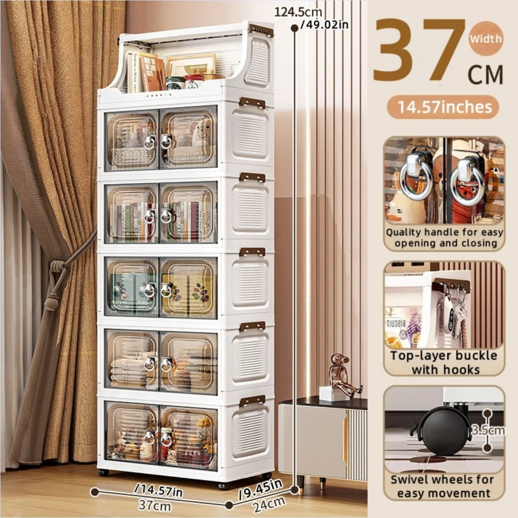 37cm Foldable Double-Door Storage Cabinet-Large Capacity Mobile Organizer with Wheels for Kitchen, Bedroom,Living Room Storage Oasis Select 6 Layers Clear Gray