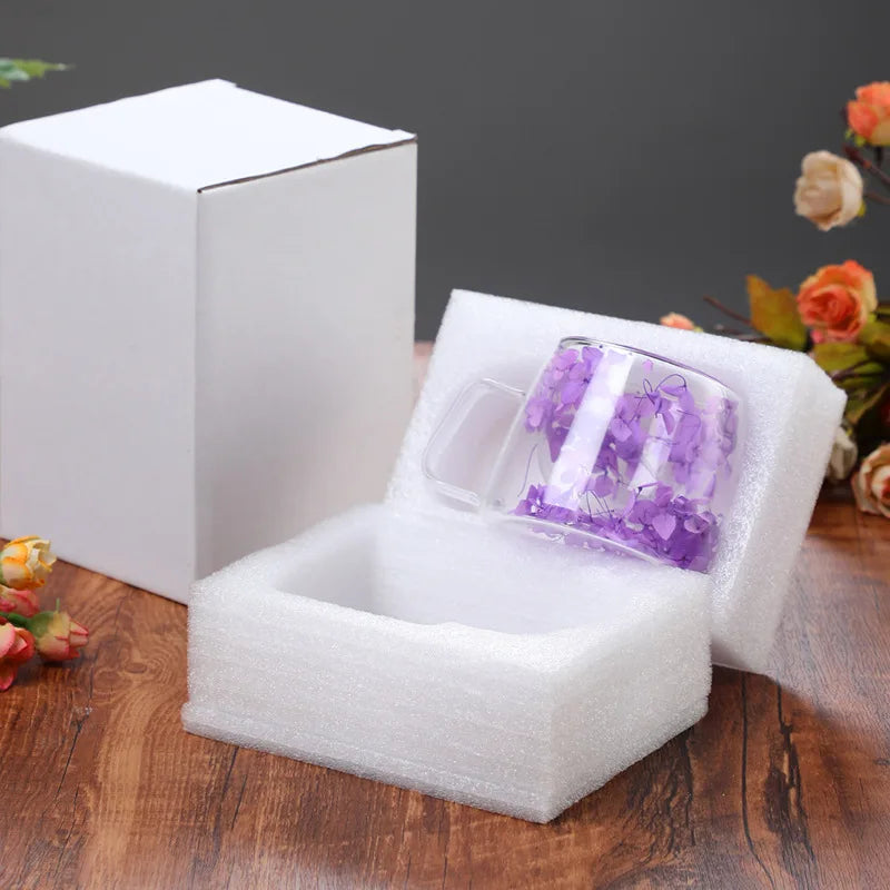 Double-Walled Glass Coffee Cup, Built-In Real Flower Design,Transparent Glass Coffee Cup for Hot & Cold Beverages, Tea, Latte Oasis Select Purple 200ml