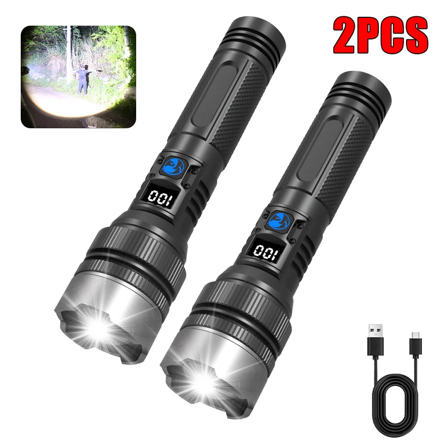 High Strong Power Led Tactical Flashlights Spotlights Telescopic Zoom Built-in Battery USB Rechargeable Camping Emergency Torch Oasis Select New White laser 2pcs