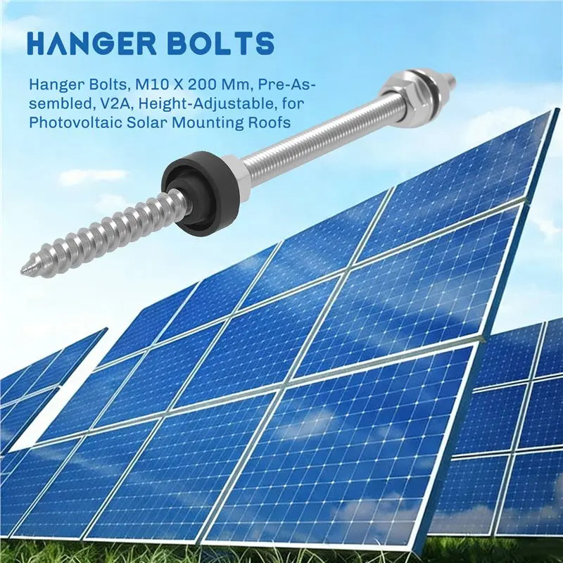 LIKE WISH Hanger Bolts M10 X 200 Mm, Pre-Assembled, V2A, Height-Adjustable, For Photovoltaic Solar Mounting Roofs, 8 Pack Oasis Select