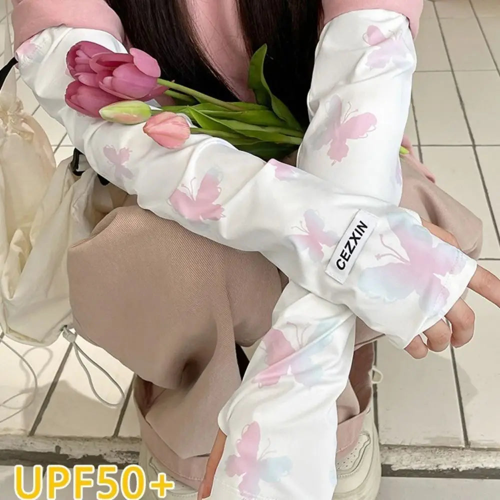 Fashion Butterfly Ice Silk Sleeves UPF50+ Long Arm Sleeve UV Protection Driving Arm Sleeves Oasis Select