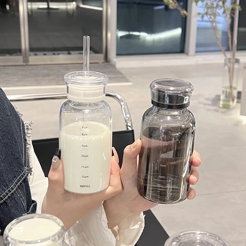 300/500/750ml Large Glass Water Bottle with Straw 2 Lids Clear Kawaii Drinking Bottle Leakproof Iced Coffee Cup for Woman Girl Oasis Select
