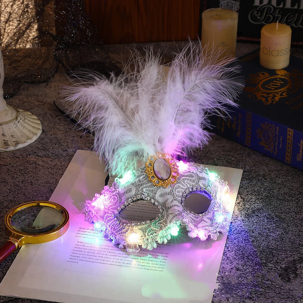 1Pcs Venetian Venice Glowing Feather Led Masks Woman Fancy Dance Party Eye Mask Carnival Halloween Masquerade Cosplay Costume Oasis Select White