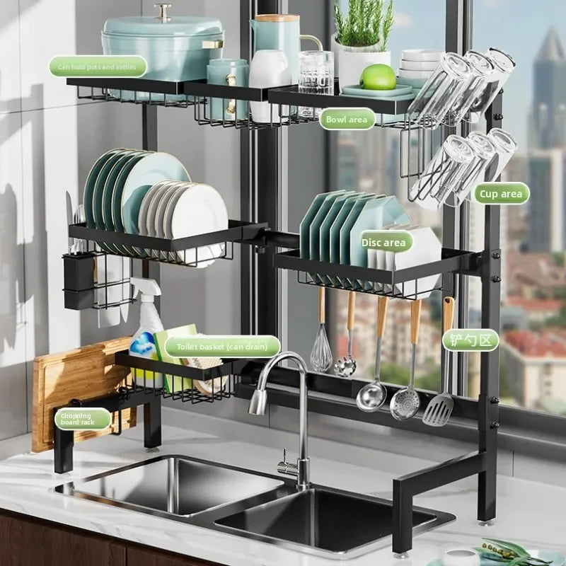Retractable sink rack, kitchen knives, chopsticks, dishes storage rack, multi-functional drain bowl rack above the sink Oasis Select