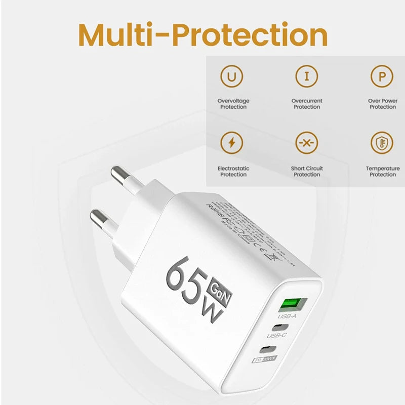 GaN Fast Charging 65W USB Type C Charger EU KR PD 3.0 Quick Charge Wall For Phone Adapter For iPhone 15 Xiaomi Huawei Samsung Oasis Select