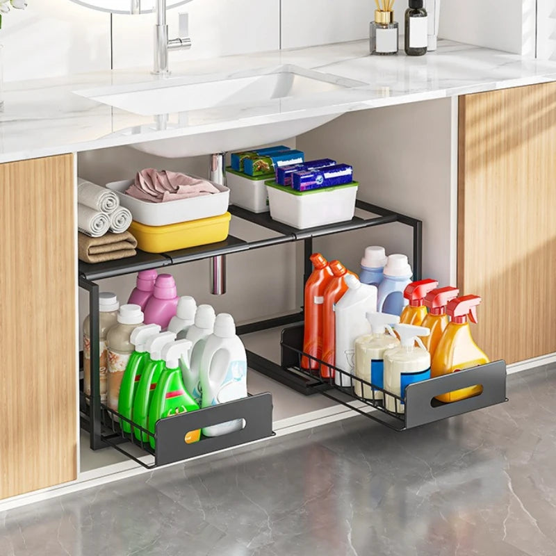 Kitchen Lower Sink Shelf Layered Rack in Cabinet Bathroom Basket Household Multifunctional Retractable Storage Rack Oasis Select