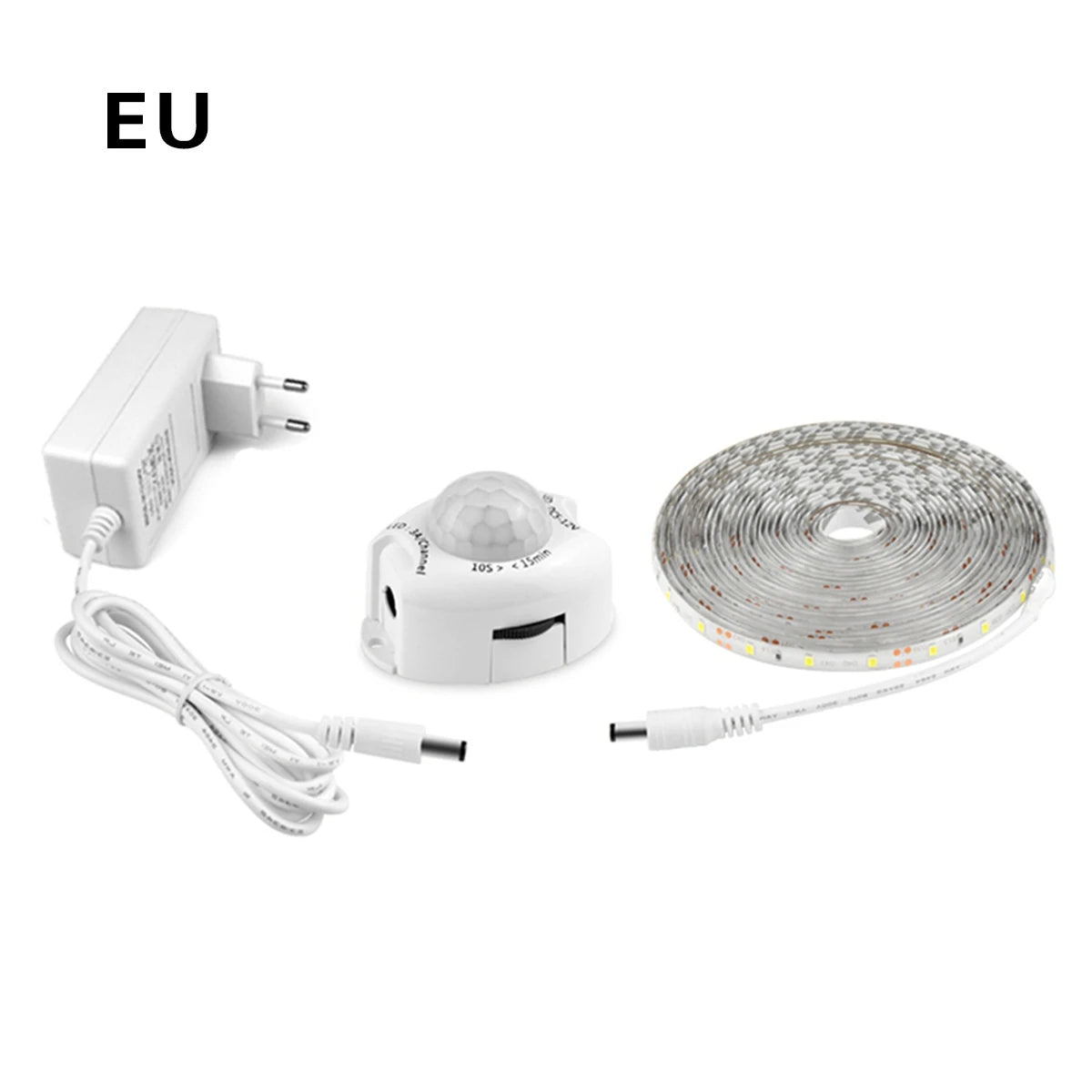 1-5m PIR Motion Sensor LED Strip Lights DC 12V Diode Tape Waterproof Auto On/Off Stairs Wardrobe Closet Kitchen Backlight Light Oasis Select 1 set With EU plug Wihte 2m