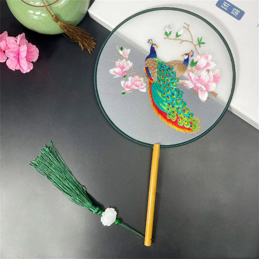 Round Double Sided Embroidery Fan Chinese Style Wooden Handle Embroidery Round Fan with Pendant Handheld Flower Silk Fan Oasis Select Style 1