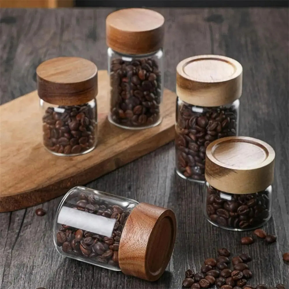 6PCS 10/20/30 ML Wooden Lid Mini Glass Bottles Transparent Sealed Small Spice Jars Food Grade Golden Bean Bottle Oasis Select
