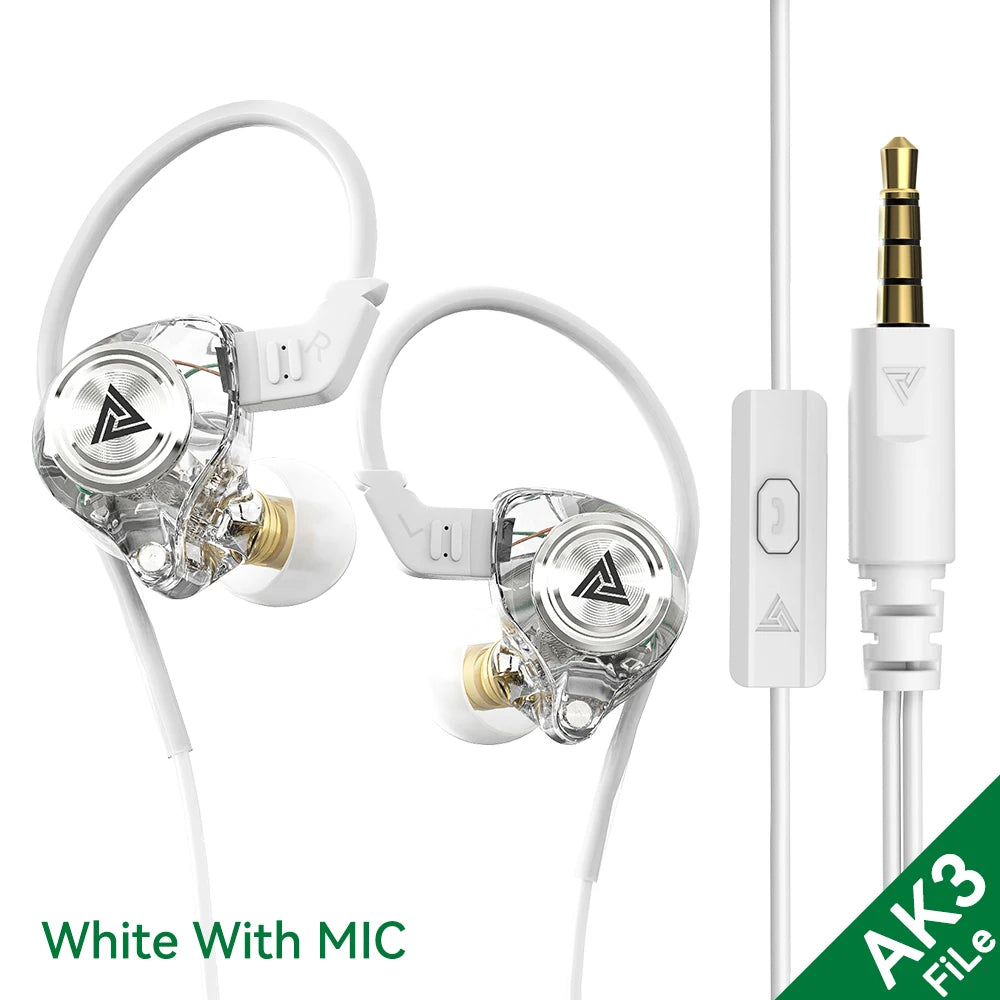 QKZ AK3 FiLe Wired Earphone with Microphone HiFi Music Monitor Bass Headphones Noise Cancelling Headset For Sport Gaming Earbuds Oasis Select AK3 FiLe White