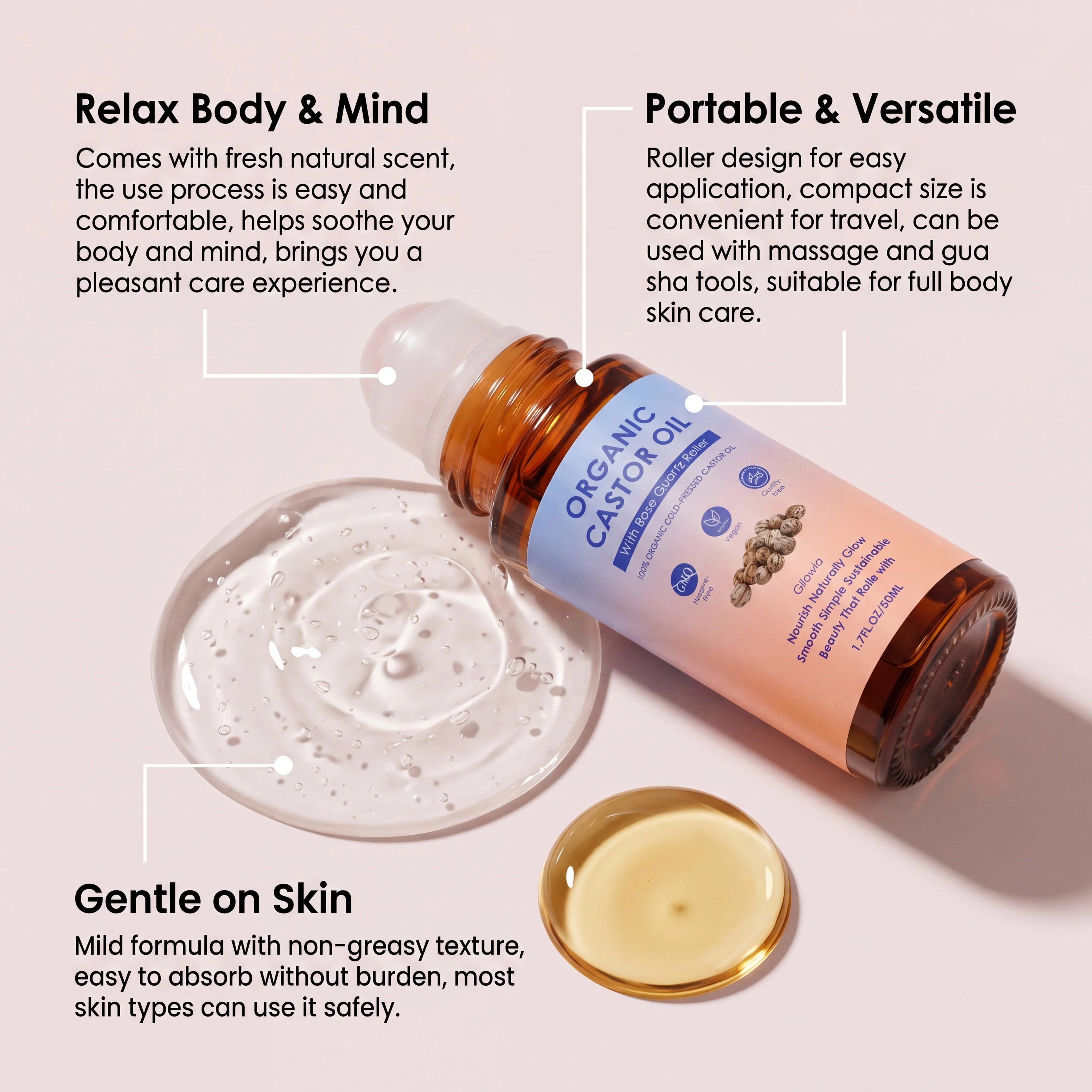 Organic Castor Oil Rose Quartz Roller Ball, 100% Pure Cold-Pressed Hexane-Free, for Body, Eyebrows & Skin Massage Care Oil Oasis Select