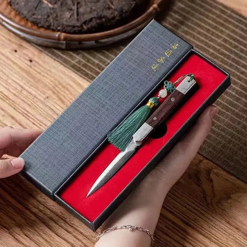 Zen Tea Knife Handmade Needle Black Sandalwood Damascus Pattern Steel Puer Tea Knife Tea Set Accessories Oasis Select