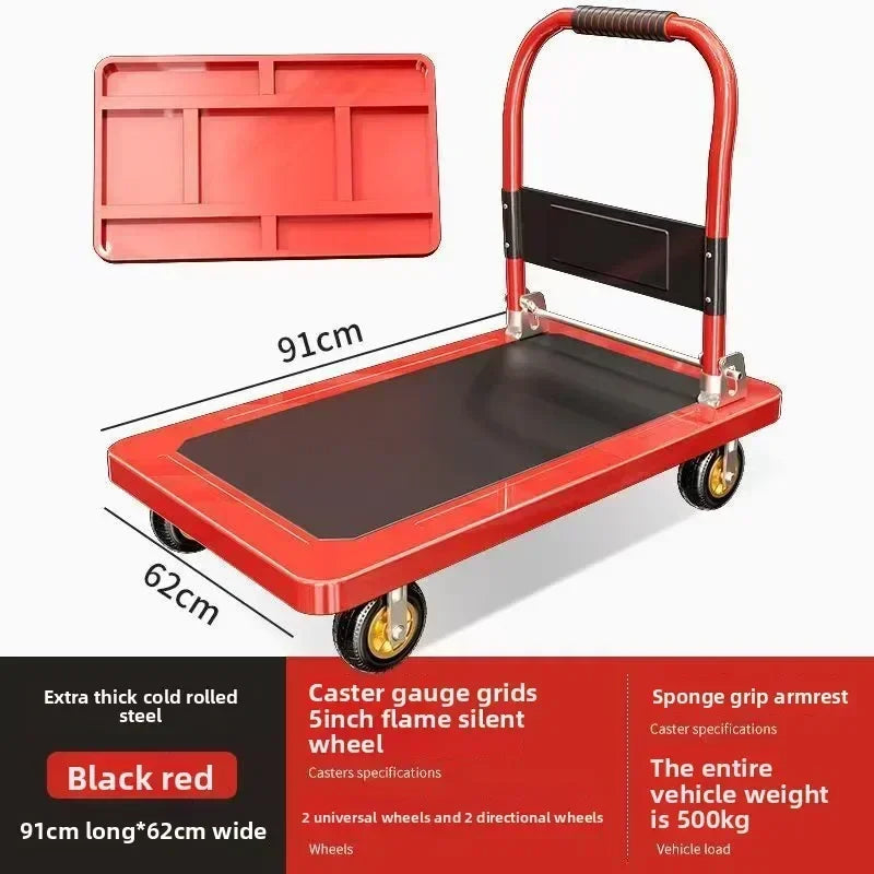Multi-functional Color steel plate trolley Pull goods trolley Pallet flatcar Portable folding silent Oasis Select Red G