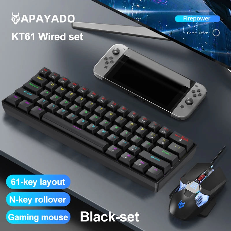 APAYADO K61 Mini Mechanical Keyboard,Wired,61 Keys,Phantom RGB, Black/White Red/Blue Mechanical Switch for Gaming,60% Portable Oasis Select KT61 Black Set blue switch