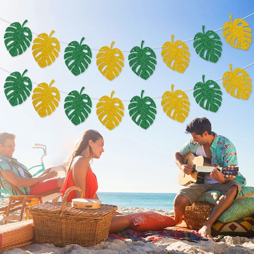 Glitter Tropical Leaf Banner, Monstera Palm Leaves Garland, Hawaiian Luau Party Decorations for Birthday Baby Shower Wedding Oasis Select