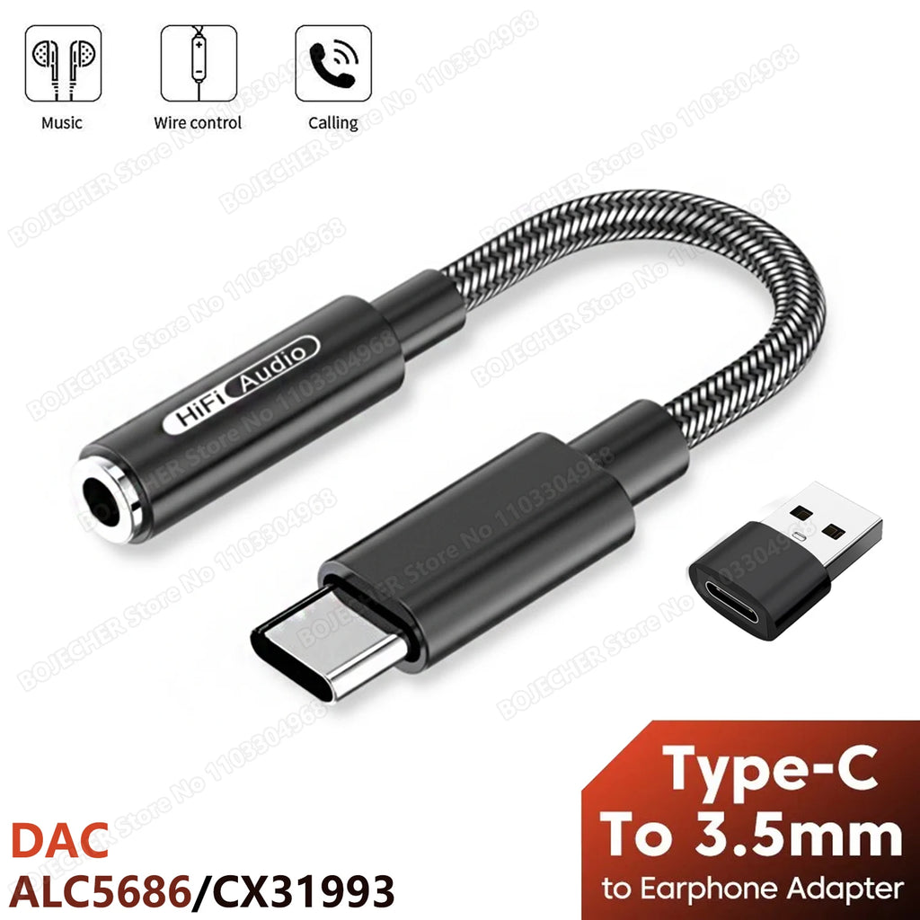 USB Type C to 3.5mm Earphone Adapter ALC5686 CX31993 HiFi DAC USB C To 3.5mm Jack Headphone Audio AUX Cable For Xiaomi Huawei Oasis Select