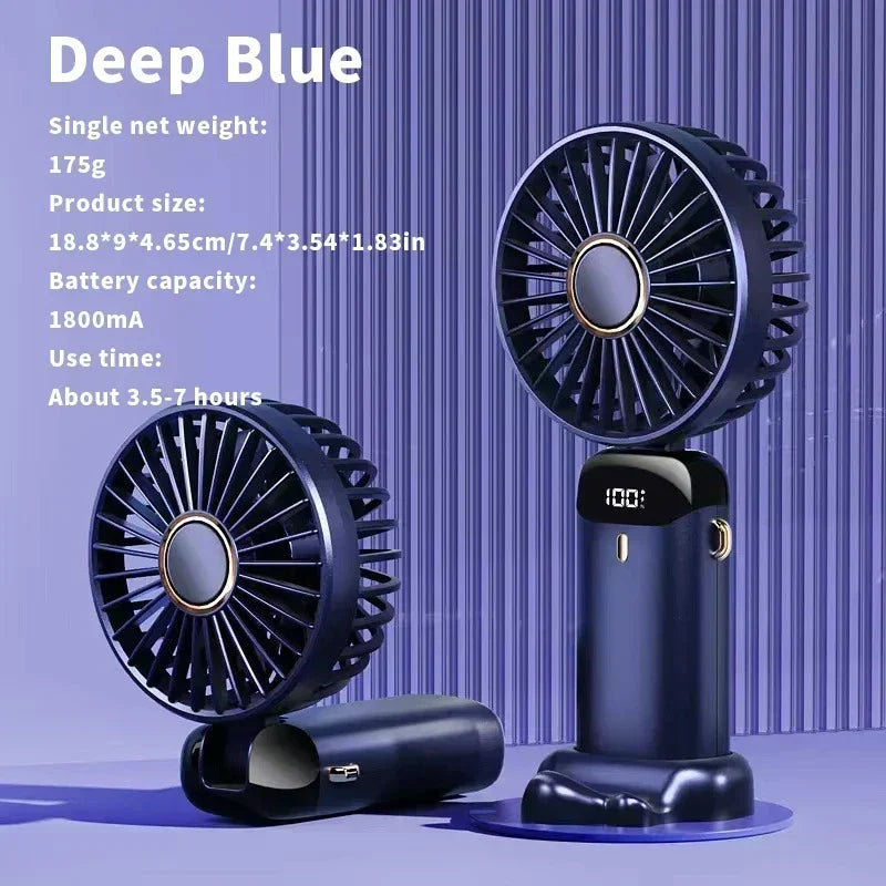 Portable Handheld Mini Fan 3000mAh Foldable Neck Hanging Fans 5 Speed Adjust USB Charge Fan with Phone Stand and Display Screen Oasis Select Blue