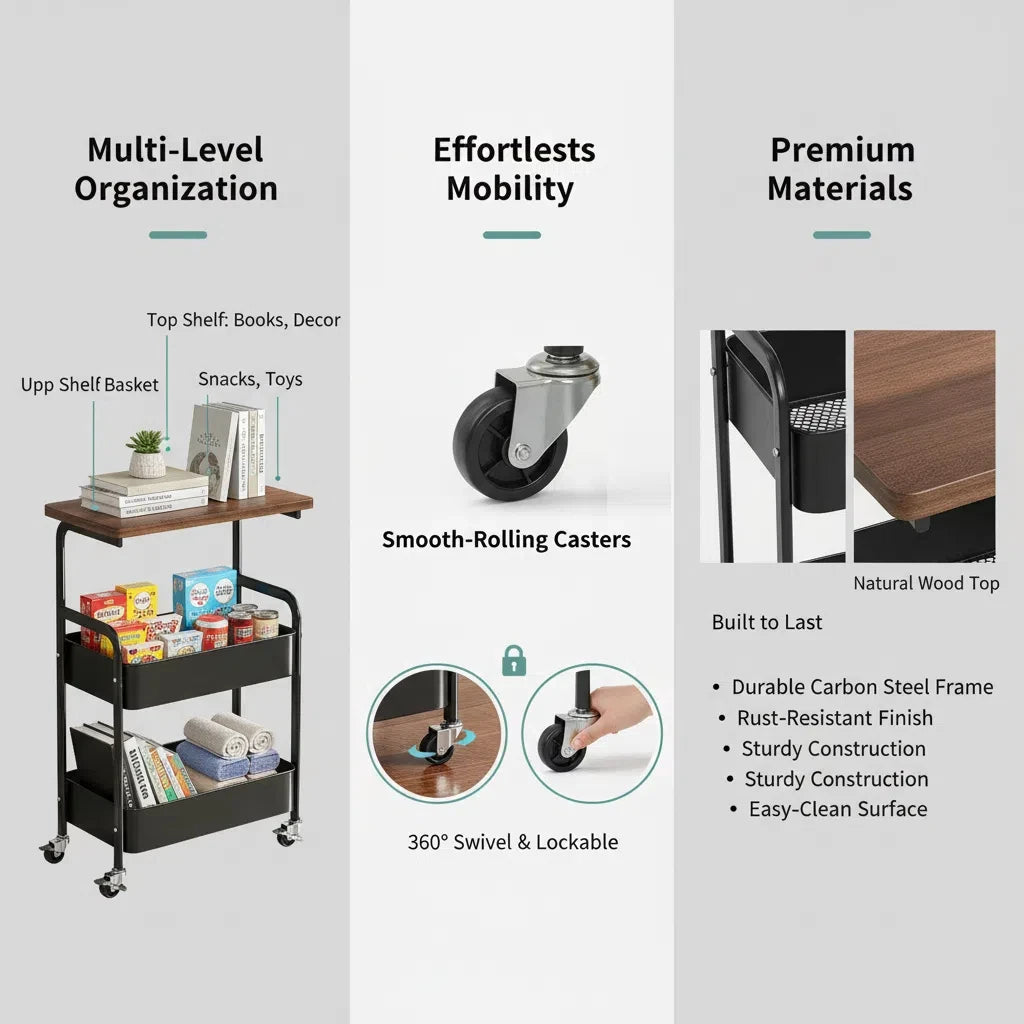Heavy Duty Steel Rolling Storage Cart with Locking Wheels Multi Tier Utility Organizer for Kitchen Office Dorm Bathroom Bedroom Oasis Select